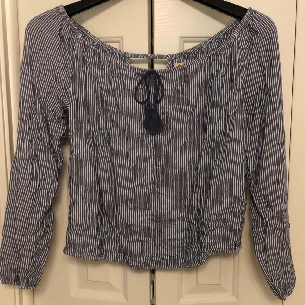 Blue and White Pin-Striped Off the Shoulder Top